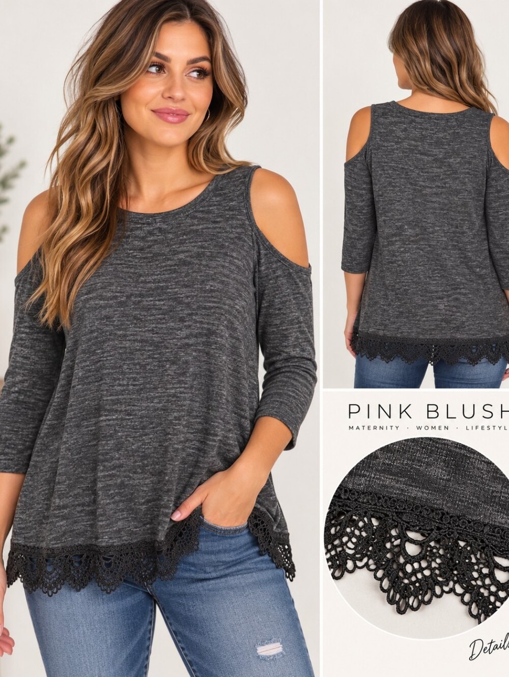 Pink Blush Charcoal Gray Cold Shoulder Lace Hem Top Small